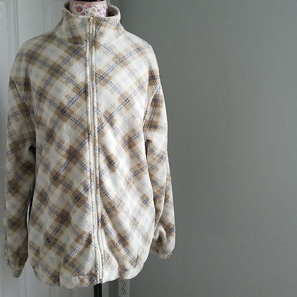 PACER 1X Sweatshirt Zip Up Fleece Women Tan, Blue & Cream Window Pane Plaid - Picture 5 of 11
